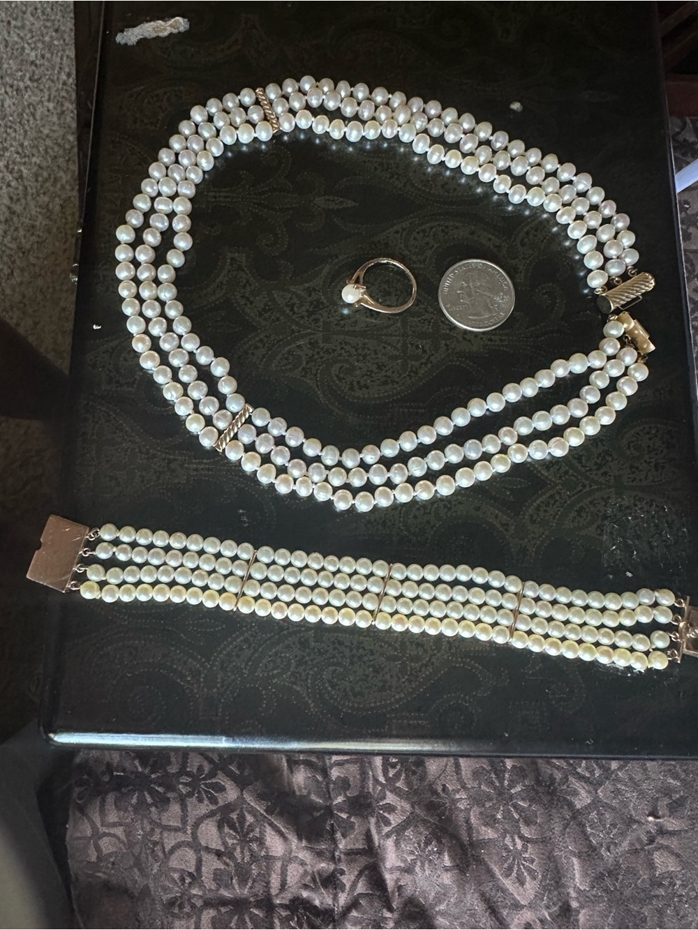 Classic White Pearl Three-Strand Necklace, Bracelet 14k ring 10k